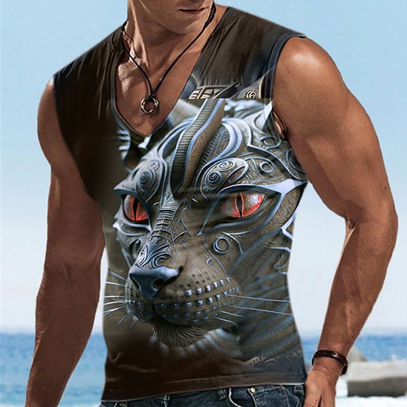 Men's Vest Muscle Sport Sleeveless Animal Print Graphic V-Neck T-Shirt