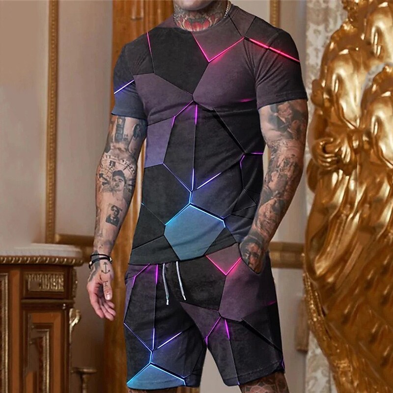 Men's Shorts and T Shirt Set T-Shirt Outfits Graphic Geometic Crew Neck Daily Short Sleeve 3D Print 2 Piece Set