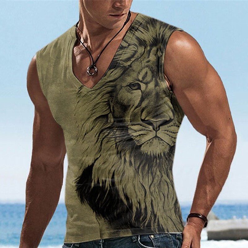 Men's Vest Top Sleeveless Graphic Animal Lion V Neck Clothing Apparel 3D Print Sports Running Sleeveless Top