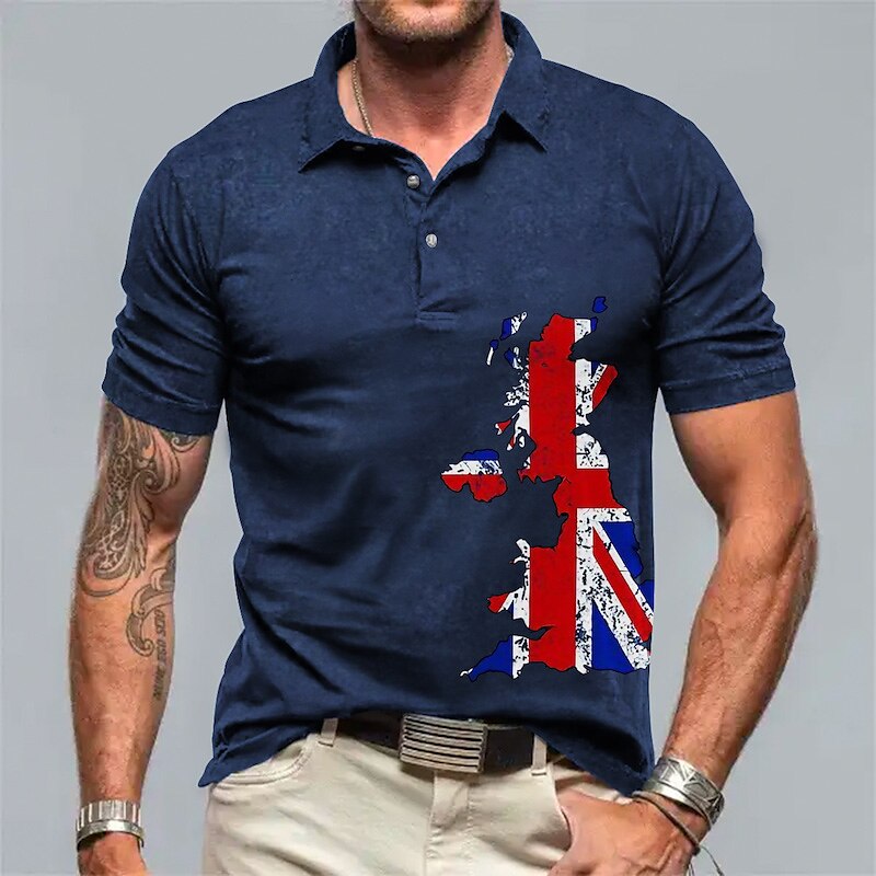 Men's Button Up Lapel Polo Golf Shirt Graphic Prints Flame American Flag Turndown Outdoor Street Short Sleeves Print  Polo Shirt