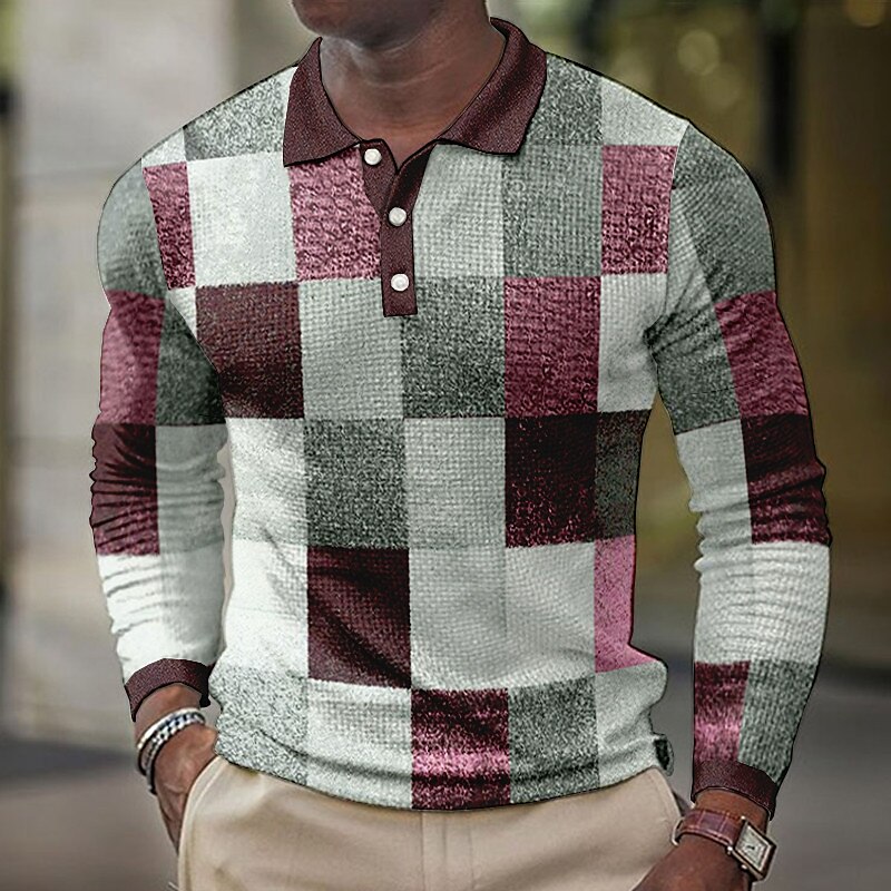 Men's Golf Outdoor Street Casual Breathable Comfortable Soft Plaid Long Sleeves Polo Shirt