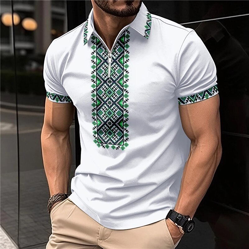 Men's Zip Polo Lapel Polo Shirt Golf Shirt Graphic Prints Geometry Turndown Outdoor Street Short Sleeves Zipper Print Top