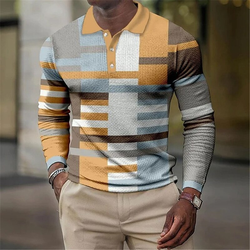 Men's Waffle Golf Outdoor Street Fashion Casual Breathable Comfortable Soft Prints Long Sleeves Polo Shirt