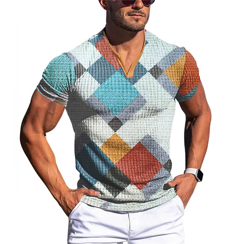 Men's Waffle Casual Outdoor Fashion Comfortable Breathable Soft Print V Neck Short Sleeves T Shirt