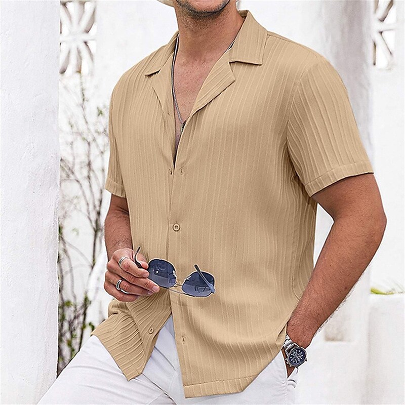 Men's Outdoor Beach Casual Comfortable Breathable Lightweight Plain Lapel Short Sleeve Shirt