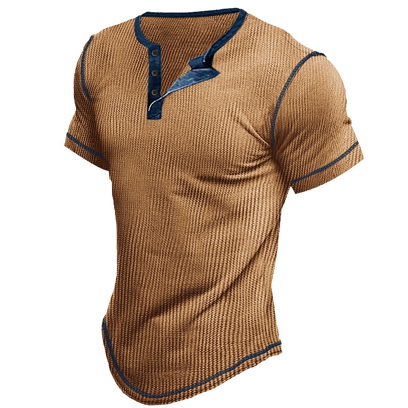 Men's Outdoor Street Fashion Casual Breathable Comfortable Light Plain Short Sleeve Waffle Henley Shirt