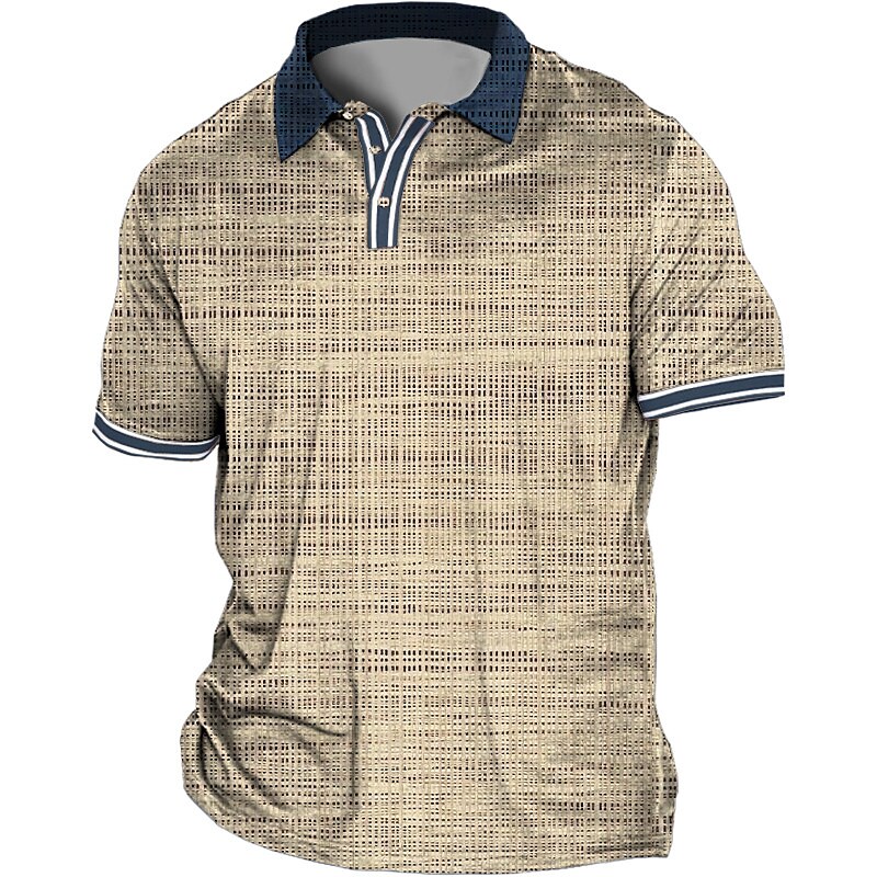 Men's Outdoor Casual Comfortable Button Breathable Lapel Check Print Short Sleeve T-shirt