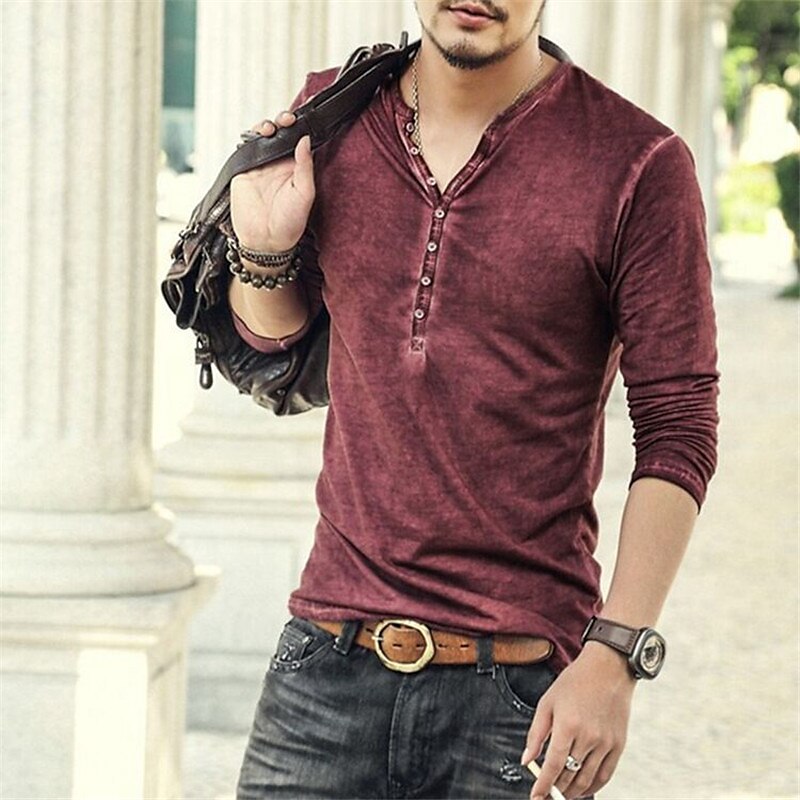 Men's  Henley Shirt Long Sleeve Shirt Plain Henley Street Casual Long Sleeve Button-Down 100% Cotton Classic Casual Muscle T shirt