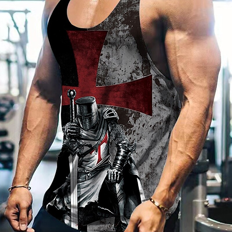 Men's Tank Top Vest Graphic Templar Cross Soldier Crew Neck 3D Print Street Casual Sleeveless Top