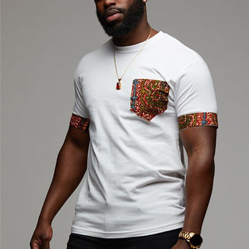 Men's T shirt Color Block Plain Crew Neck Street Vacation Short Sleeves Front Pocket Designer Basic Ethnic Top 