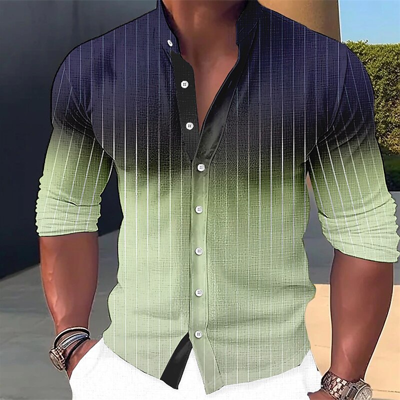 Men's Linen Shirt Gradient Striped Graphic Prints Stand Collar Outdoor Street Long Sleeve Print Fashion Casual Shirt 
