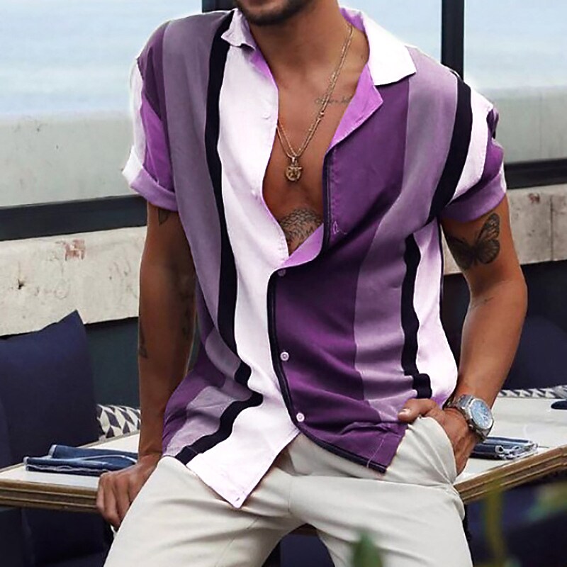Men's Shirt Striped Collar Street Daily Button-Down Print Short Sleeve Tops Casual Fashion Breathable Comfortable Top