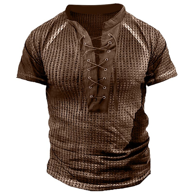 Men's T shirt Tee Waffle Henley Shirt Plain Henley Street Vacation Short Sleeves Lace up Fashion Top