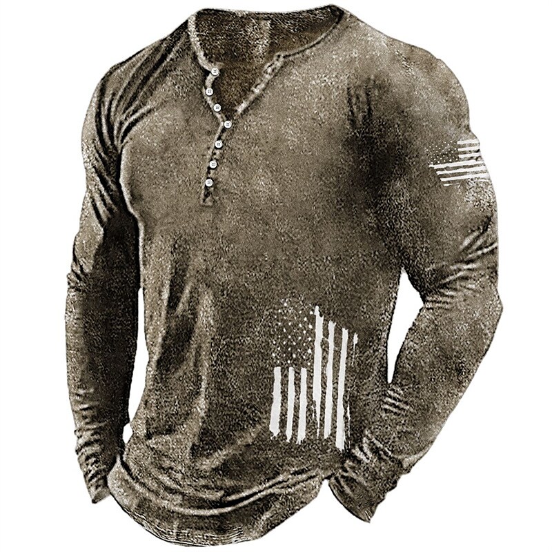 Men's Henley Graphic Long Sleeve Shirt National Flag Henley Hot Stamping Street Vacation Long Sleeve Top