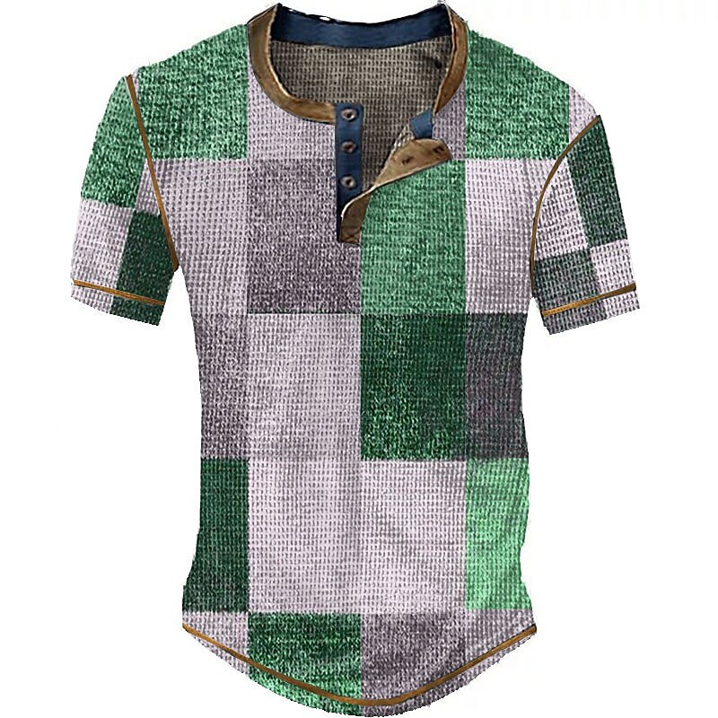 Men's Waffle Henley Shirt Graphic Plaid Henley Print Outdoor Daily Short Sleeve Button Fashion Designer Basic Top