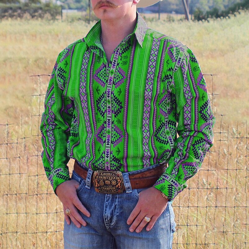 Men's Western Shirt Graphic Prints Vintage Geometry Turndown  Outdoor Street Long Sleeve Button-Down Print Fashion Casual Soft Shirt 