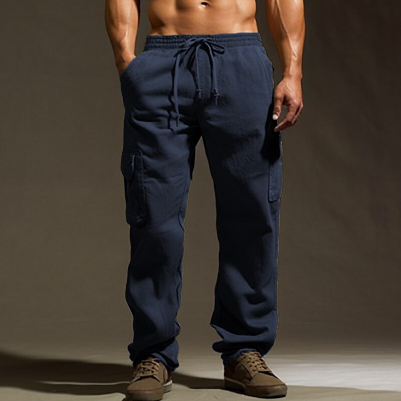 Men's Cargo Pants Linen Pants Trousers Summer Pants Drawstring Multi Pocket Straight Leg Plain Comfort Breathable Outdoor Daily Going out Linen / Cotton Blend Fashion Casual 