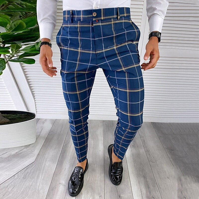 Men's Business Outdoor Casual Fashion Elastic Comfortable Breathable Soft Plaid Trousers Pants