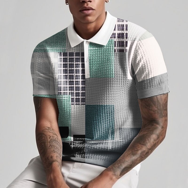 Men's Waffle Polo Shirt Button Up Polos Lapel Polo Polo Shirt Golf Shirt Color Block Plaid / Check Graphic Prints Geometry Turndown  Outdoor Street Short Sleeve 