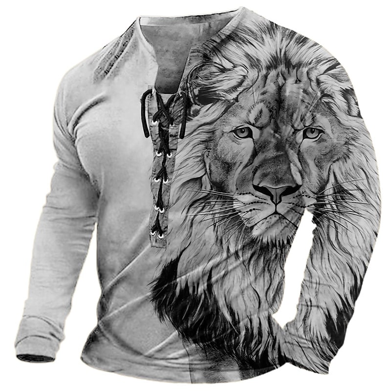 Men's T shirt Graphic Lion Collar  3D Print Casual Daily Long Sleeve Lace up Print Fashion Comfortable Top