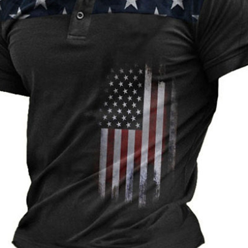 Men's Collar Polo Shirt National Flag Turndown Street Casual Short Sleeve 3D Button-Down Top