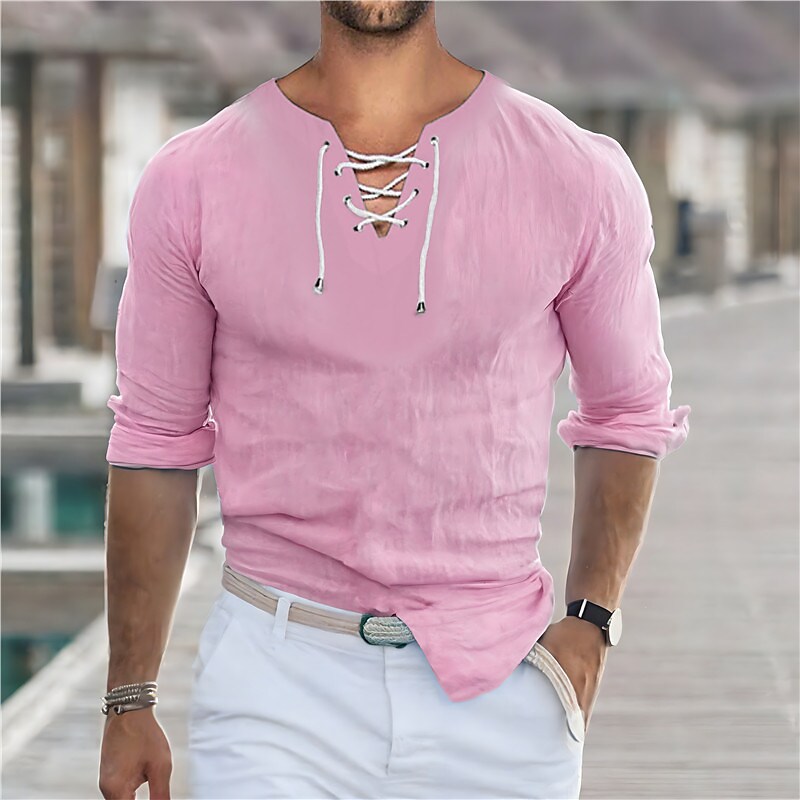 Men's Outdoor Casual Vacation Breathable Lightweight Comfortable Plain V-neck Long Sleeve Henley Shirt