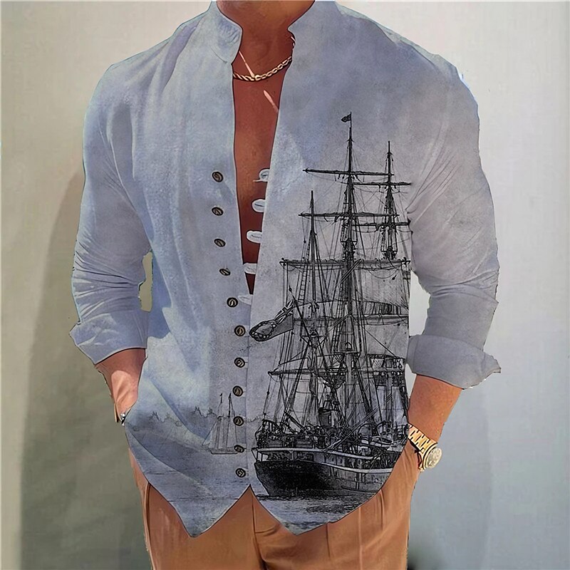 Men's Outdoor Street Casual Vintage Breathable Comfortable Light 3D Print Stand Collar Long Sleeve Henley Shirt