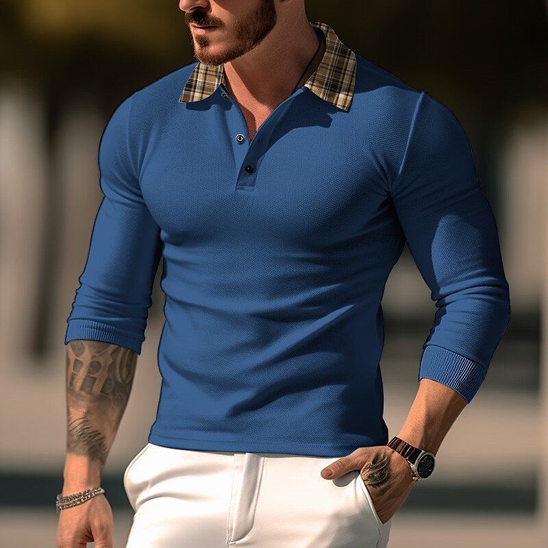 Men's Golf Shirt Casual Sports Lapel Long Sleeve Fashion Basic Color Block Plaid / Check Patchwork Button Polo Shirt 