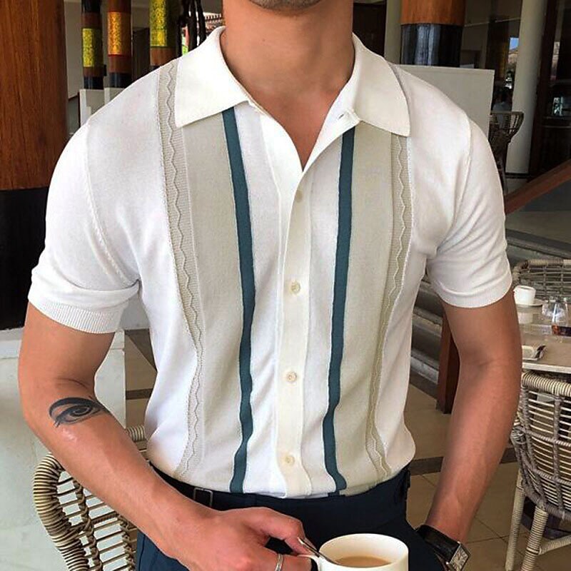 Men's Knit Polo Sweater Outdoor Street Turndown Button Short Sleeve Casual Striped Button Front Knit Polo Shirt