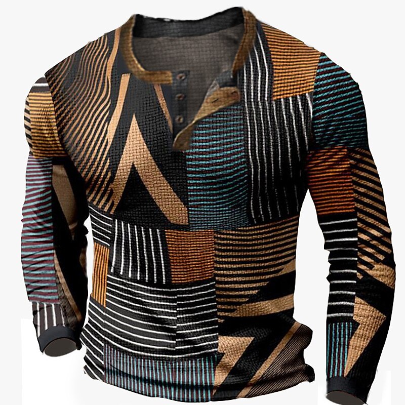 Men's Outdoor Street Fashion Casual Breathable Comfortable Light Waffle 3D Print Long Sleeve Henley Shirt