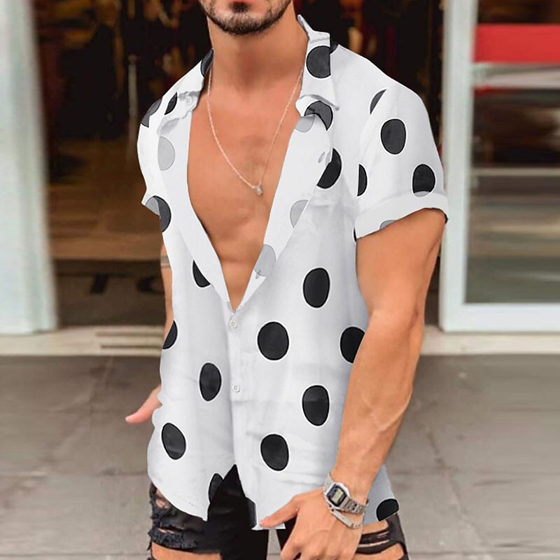 Men's Button Up Summer Casual Shirt Short Sleeve Polka Dot Lapel Outdo
