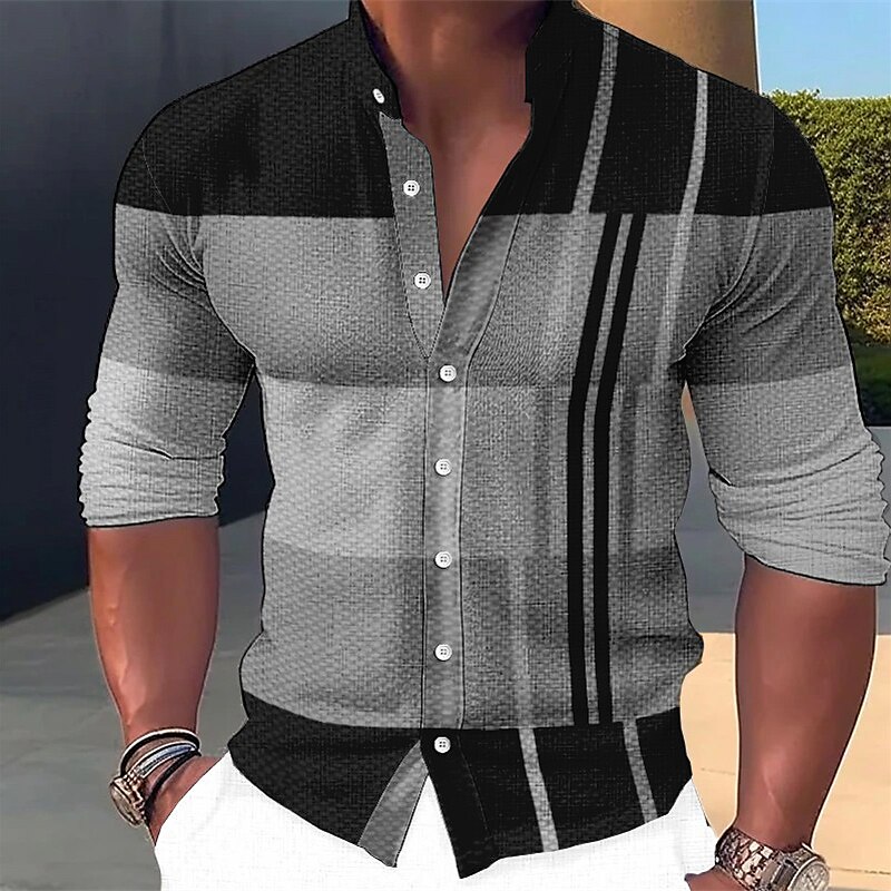 Men's Linen Shirt Striped Graphic Prints Stand Collar Outdoor Street Long Sleeve Print Linen Streetwear Casual Shirt 