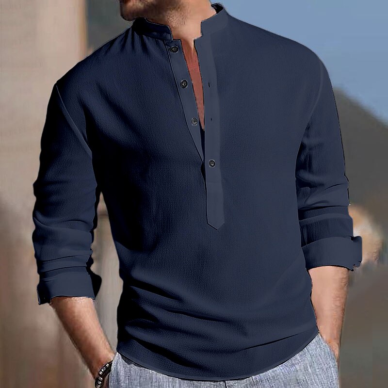 Men's Casual Hawaiian Vacation Street Comfortable Breathable Light Plain Stand Collar Long Sleeve Henley Shirt