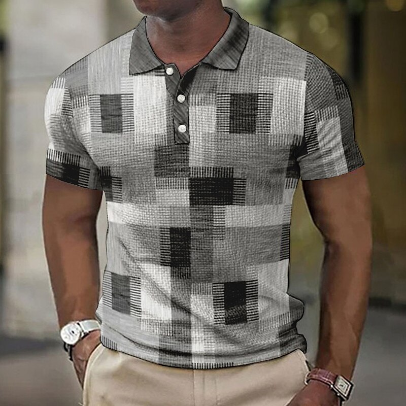 Men's Waffle Outdoor Fashion Street Breathable Comfortable Soft Plaid Short Sleeves Polo Shirt