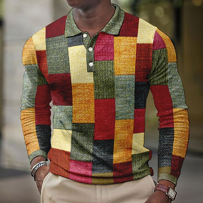 Men's Casual Outdoor Street Fashion Comfortable Soft Plaid Long Sleeves Polo Shirt