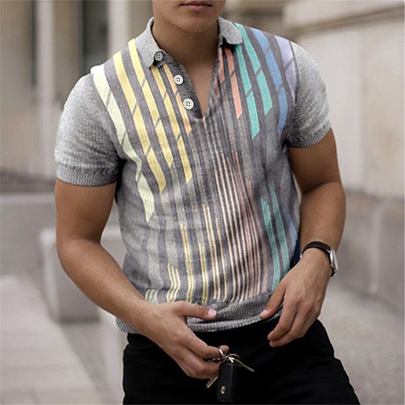 Men's Golf Street Casual Polo Collar Classic Short Sleeve Striped Button Front Button-Down Summer Regular Fit Polo Shirt