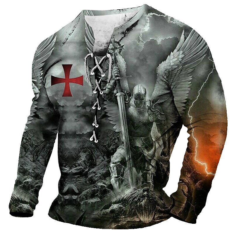 Men's T shirt Graphic Knights Templar Collar Print Daily Going out Long Sleeve Lace up Comfortable Top