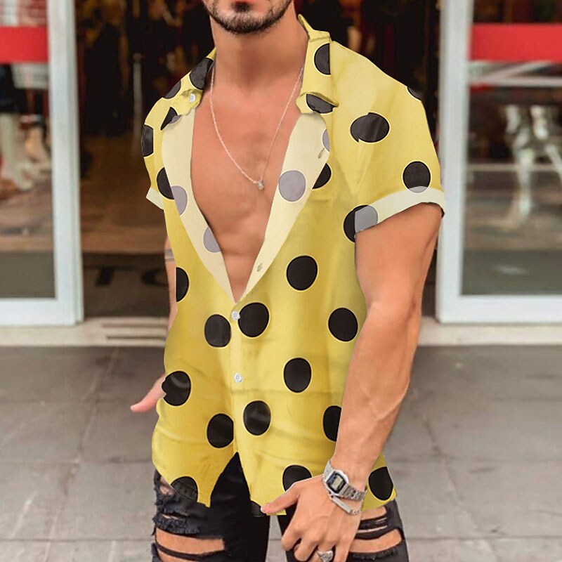 Men's Button Up Summer Casual Shirt Short Sleeve Polka Dot Lapel Outdo