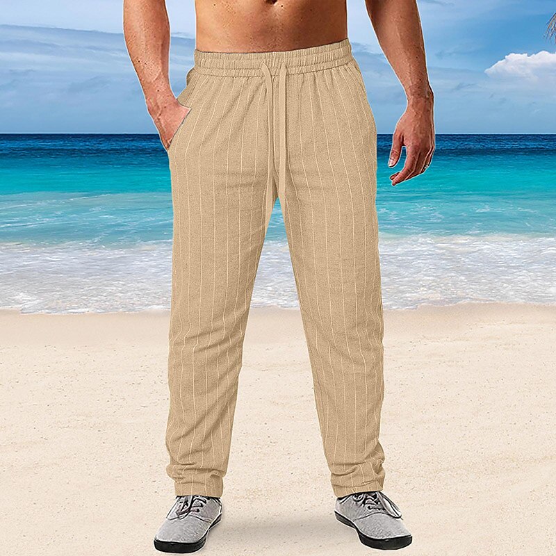 Men's Linen Outdoor Holiday Beach Casual Breathable Soft Comfortable Light Stripe Trouser Pants