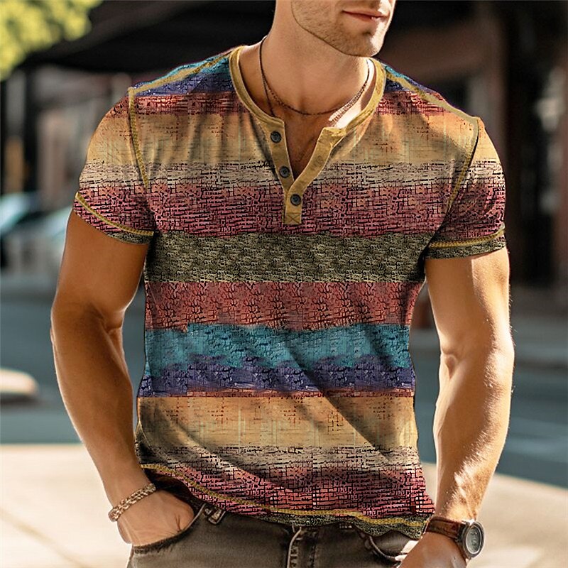 Men's Henley Shirt Graphic Color Block Henley Outdoor Daily Short Sleeve Button-Down Print Comfortable Top