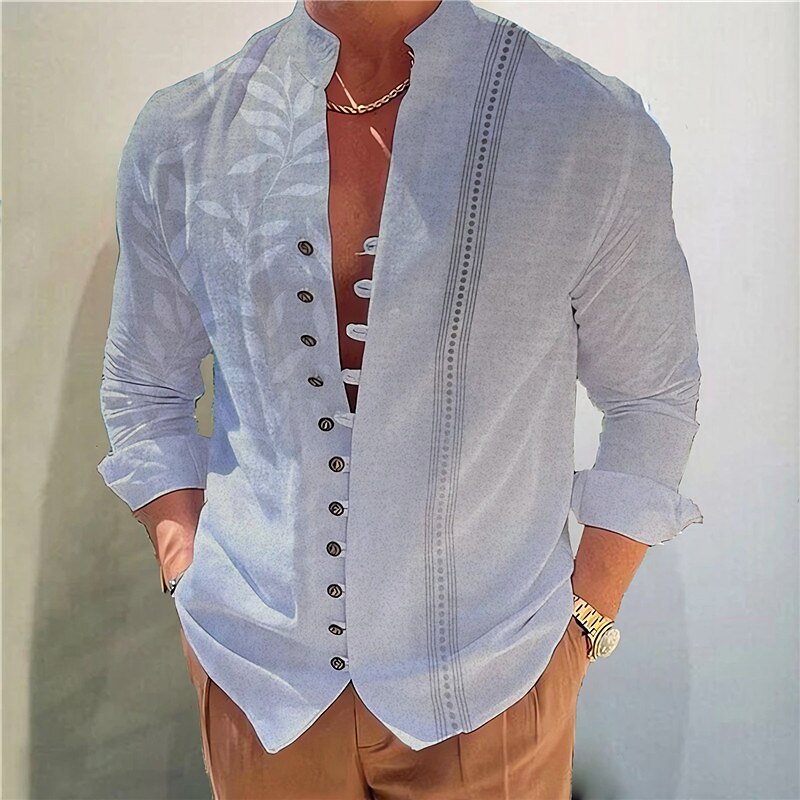 Men's Outdoor Street Fashion Casual Breathable Comfortable Light Print Stand Collar Long Sleeve Shirt