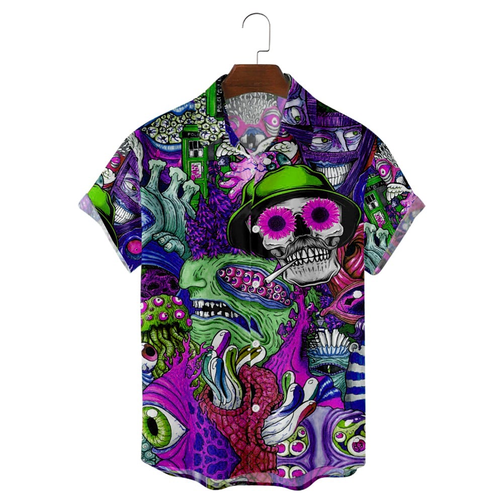 Men's Shirt Skull Print Short Sleeve Casual Tops Loose Beach Blue Desi