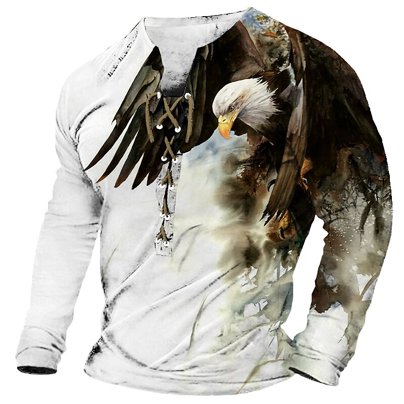 Men's T shirt Graphic Animal Eagle Collar 3D Print Casual Daily Long Sleeve Lace up Print Fashion Comfortable Top