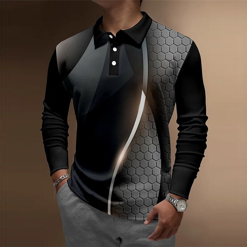 Men's Collar Polo Shirt Golf Shirt Turndown 3D Print Casual Long Sleev