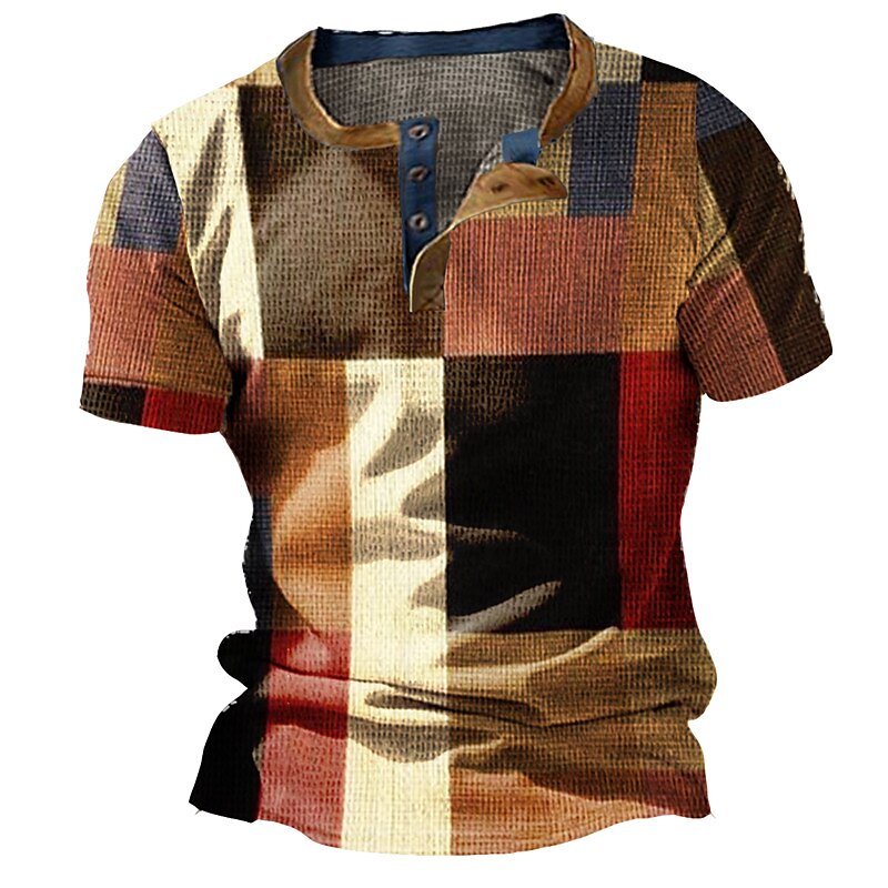 Men's Waffle Henley Shirt Graphic Color Block Henley Print Outdoor Daily Short Sleeve Button Fashion Designer Basic Top
