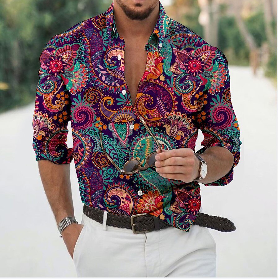 Men's Graphic Shirt Floral Turndown Print Daily Holiday Long Sleeve Print Button-Down Designer Casual Breathable Shirt 