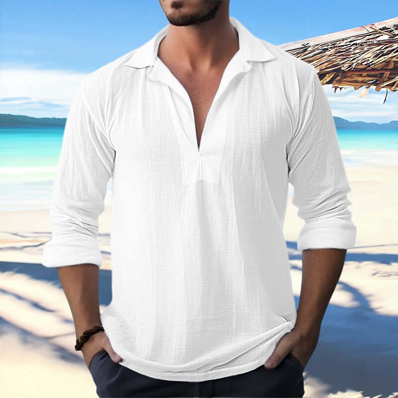 Men's Linen Casual Beach Shirt Long Sleeve Plain Turndown Casual Daily Shirt