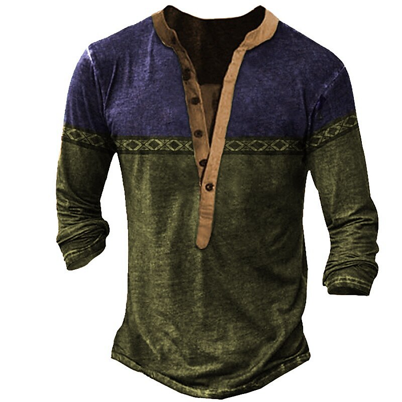 Men's Henley Shirt Color Block Henley Street Vacation Long Sleeve Patchwork Clothing Basic Western Top 