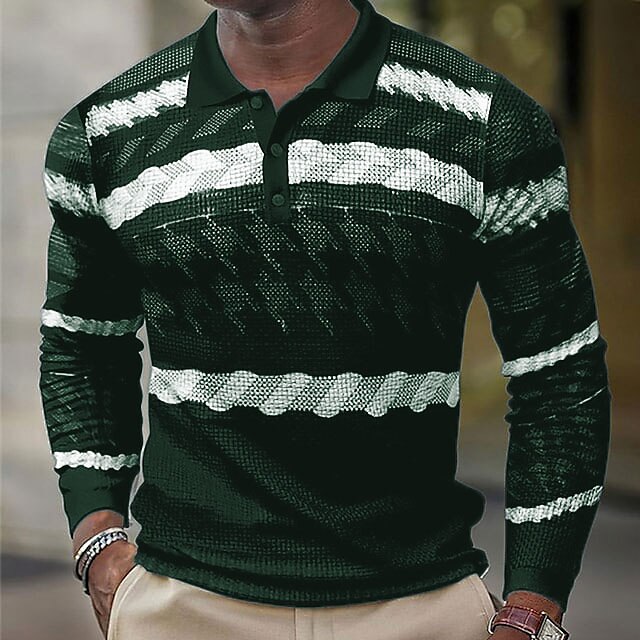 Men's Polo Shirt Golf Shirt Waffle Polo Shirt Plaid Striped Turndown  Print Outdoor Street Long Sleeve Button-Down Casual Top