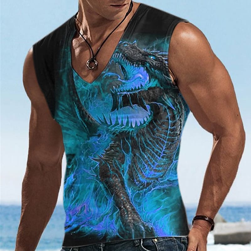 Men's Vest Top Graphic Animal Dragon V Neck 3D Print Daily Vacation Sleeveless Top